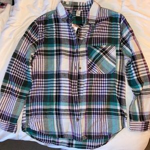 Purple Green Plaid Button Flannel